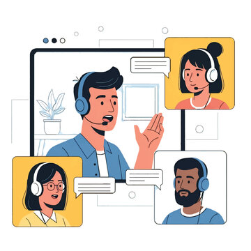 Cartoon vector illustration of a business man and woman working together at a desk in an office with computer in an educational workplace setting