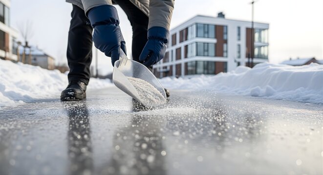 Person scattering salt on icy sidewalk during winter, de-icing treatment for pedestrian safety, snow-covered buildings in background