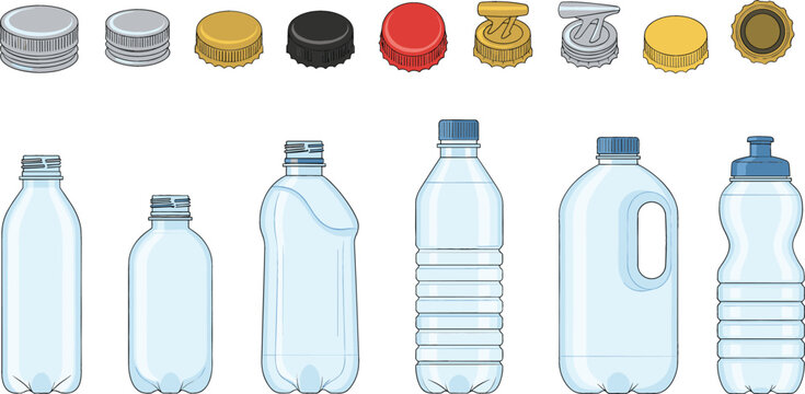 Set of plastic bottle vector icons featuring water bottles, sports bottles, milk jugs, and assorted screw caps for recycling and hydration concepts.