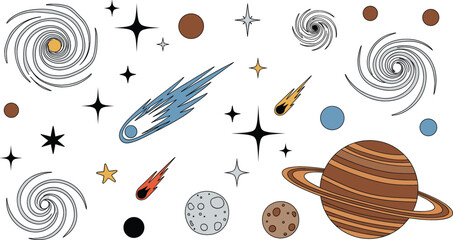 Collection of flat space vector icons featuring ringed planets, spiral galaxies, shooting stars, comets, moons, and celestial bodies for astronomy and science concepts. © MdEmdadul