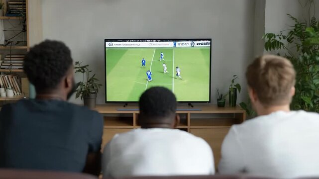 Three men watching soccer at home: rear view of young diverse friends enjoying game