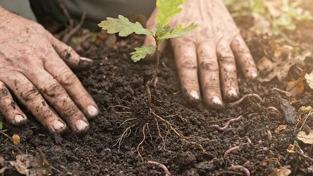 Planting a Young Oak Tree Sprout in Soil