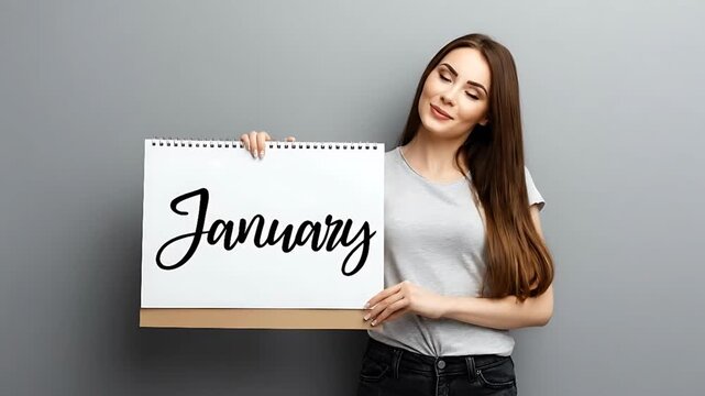 A smiling woman holding a calendar displaying January against a plain gray wall