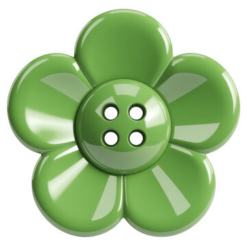 Green flower button with holes green button shiny plastic isolated on a transparent background