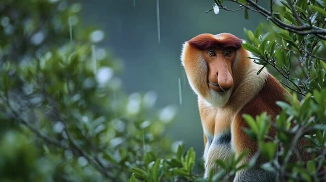 Stunned Proboscis Monkey in Rainforest Conservation Concept