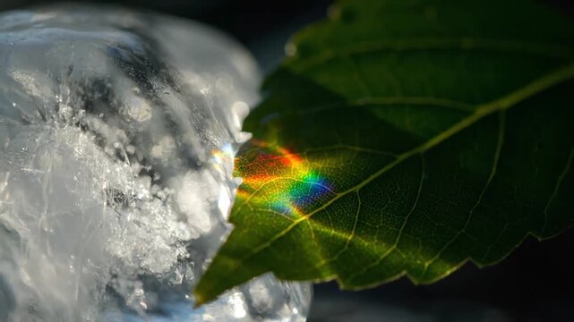 A macro shot captures the interplay of ice and nature. Sunlight refracts through the melting ice onto a dark green leaf, creating a vibrant, stationary rainbow spectrum visible across the 8-second ex