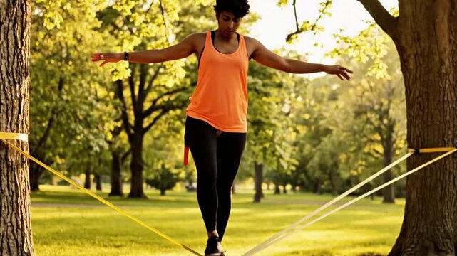 Someone practicing balance on a slackline in a park, steady and focused.