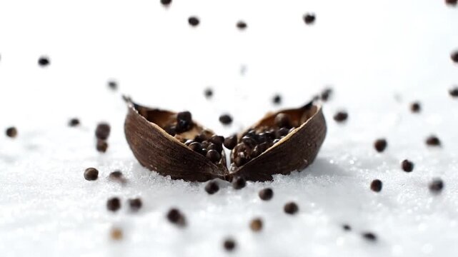 A spice pod slowly splits open on a white surface, spilling numerous black peppercorn-like seeds. More seeds shower down and settle around the open husk.