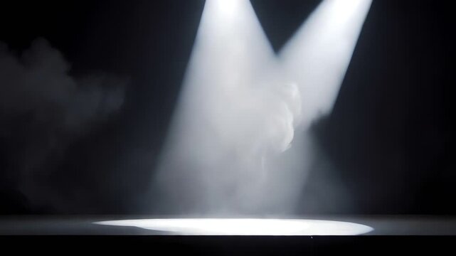dancer under stage spotlights with fog on dark stage