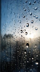 Raindrops on glass with sunlight reflections creating a tranquil atmosphere