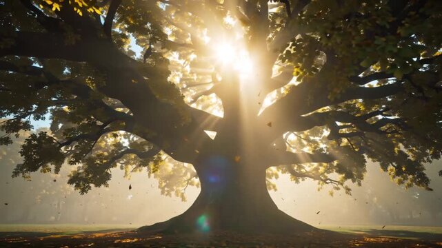 Cinematic 4K slow-motion video giant ancient oak tree during swirling autumn storm, leaves shedding slow motion, golden sunlight breaking storm clouds, dynamic wind vortex tree, flying dust leaf lens