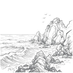 Obraz premium Hand-drawn Sketch of a Rugged Rocky Coastline with Crashing Ocean Waves
