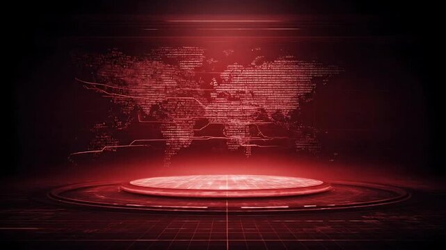 A glowing red platform with a world map in the background, viewed from a low angle, in a dark environment