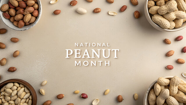 National peanut month poster with bowls of peanuts on beige background