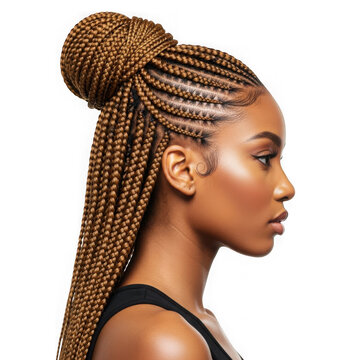 Woman with long brown cornrows in a bun hairstyle isolated on transparent background