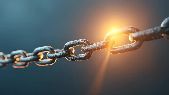 A close-up of a metal chain breaking with a bright light shining through the broken link on a dark background.