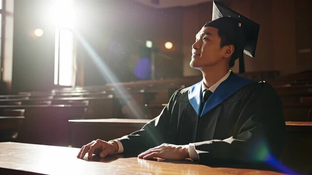 A hopeful Asian graduate in a cap and gown sits alone in a university lecture hall. A young man reflecting on his achievement and looking towards the future. Education and success concept