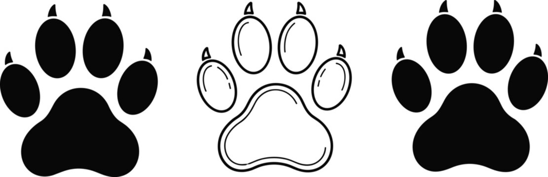 Black and White Animal Paw Print Vector Icon Set Featuring Bear Dog and Cat Footprints with Sharp Claws Isolated for Creative Nature Graphic Design