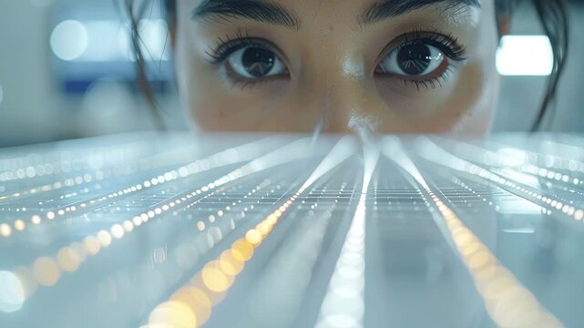 Visionary Gaze: A focused individual peers intently at a dynamic display of glowing lights, symbolizing innovation and technological advancement.