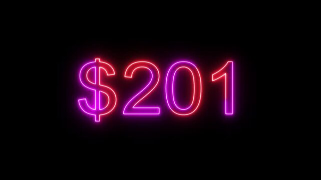 400 dollar counting number animation. Neon counts up dollar animation from 0 to 400 number. on a black background. and creating a stunning 4k video.