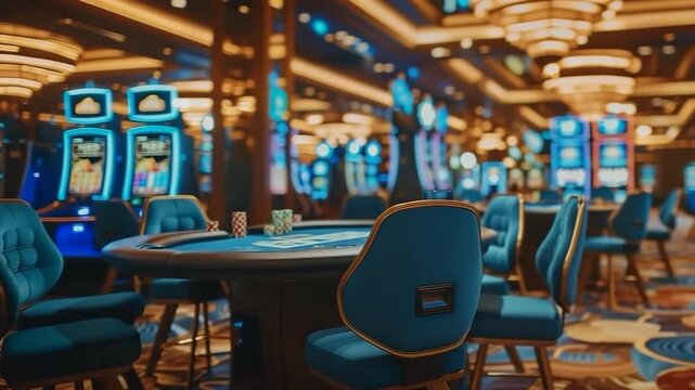 Vibrant casino interior showcasing a gaming table with stacked gambling chips and luxurious chairs against a backdrop of blurred slot machines