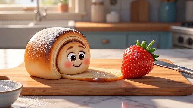 Cute 3D Pastry Character Unrolling to Reveal a Fresh Strawberry on a Kitchen Counter