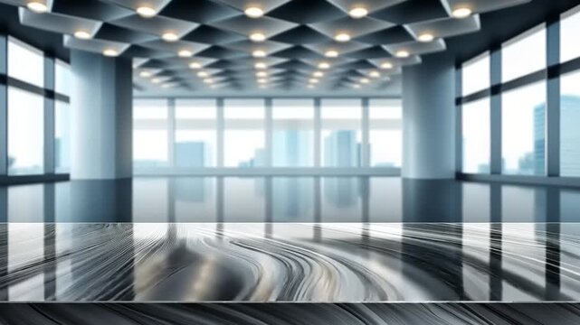 Modern office interior with city view and digital wave pattern