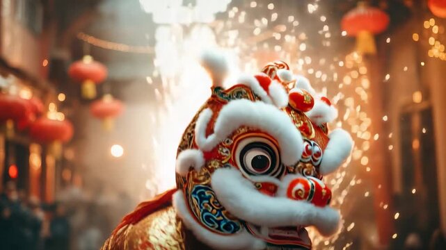 A festive lion dance performance during Lunar New Year celebrations with brilliant sparks and red lanterns illuminating the street