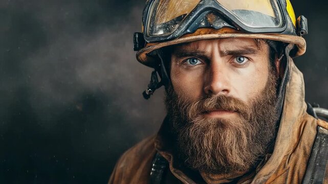 Focused industrial worker with a full beard wearing a protective hard hat and goggles in a dusty work environment