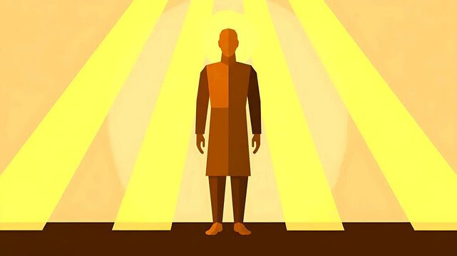 Minimalist vector illustration depicts a man standing centrally under intense bright yellow spotlights emphasizing his silhouette and traditional attire.
