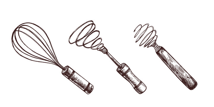 Hand drawn vintage sketch of different wire whisks for baking and cooking in monochrome, isolated vector illustration