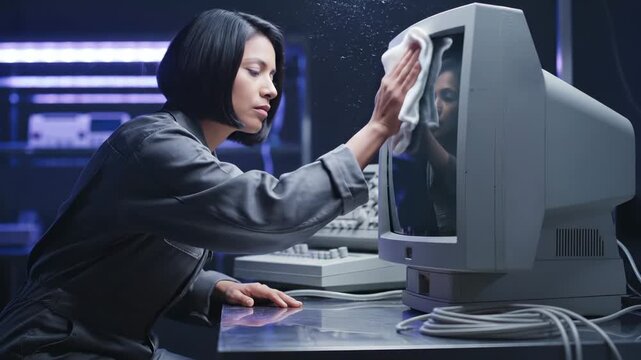 Woman technician wipes retro computer monitor in laboratory. Female specialist cleans screen in dark workspace. Technician maintains retro computer. Woman working with vintage monitor display.