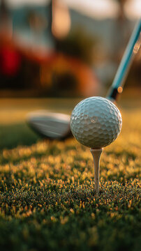 Macro golf ball on tee before shot, club behind, golden hour, focus, precision, concentration, athletic moment.
