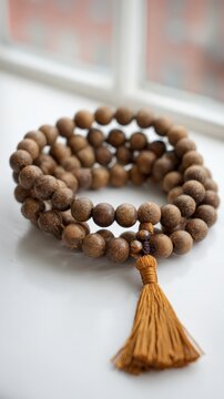 Natural wooden bead prayer mala with yellow tassel on a bright surface