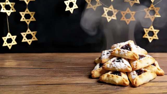 Traditional Jewish triangular hamantaschen cookies arranged on a plate and decorated with a golden garland of six-pointed stars (hexagram) to celebrate Purim, copy space