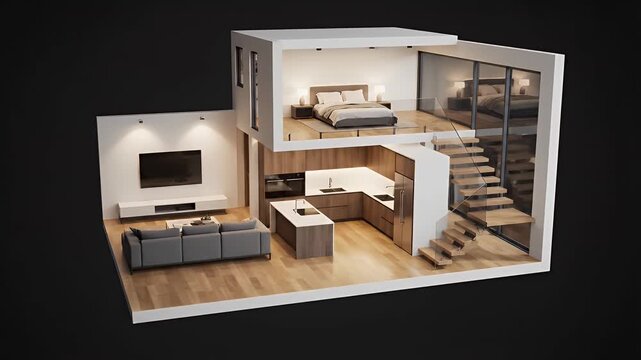 Modern Miniature House Interior Design with Living Room, Kitchen, and Bedroom.
