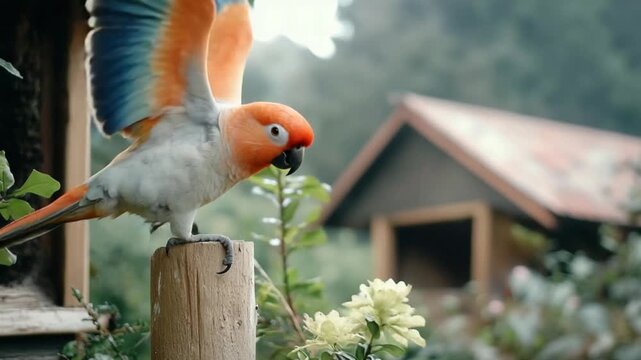Colorful Bird Landing on Wooden Post.