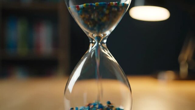 A glass hourglass filled with colorful, tiny, cylindrical objects measures time, running out over an 8-second sequence on a dimly lit wooden desk with a blurred background.
