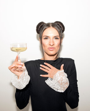 senior woman with glass of cocktail. Party. Happy day. Female. Photo. People. Holidays