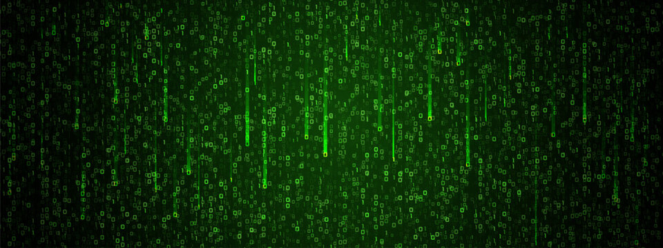 Green matrix code streams down dark screen, creating digital rain effect with binary numbers and cyber data visualization for technology background. Tech vector bg