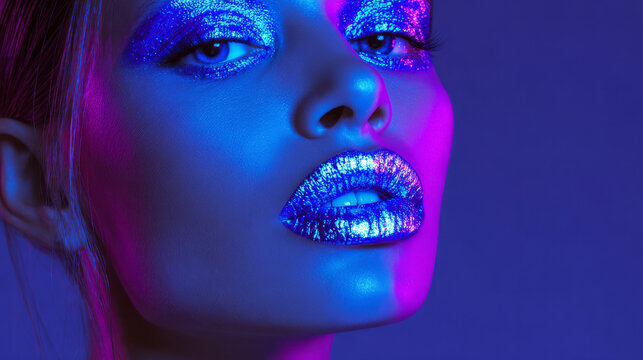 High Fashion Woman with Metallic Silver Lips and Vivid Neon Makeup in Studio