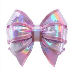 Naklejka premium A vibrant and shiny pink ribbon bow featuring iridescent and holographic textures, isolated on a white background. Generative AI.