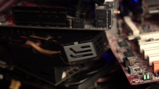 Electronic Waste, Bunch of Computer Hardware, Motherboards and Graphic Cards, Close Up