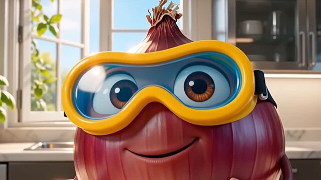 Surreal 3D Red Onion Character Wearing Safety Goggles and Holding a Kitchen Knife