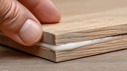Close-up View of a Finger Gently Pinching a Wood Veneer Joint with Adhesive for Perfect Fit