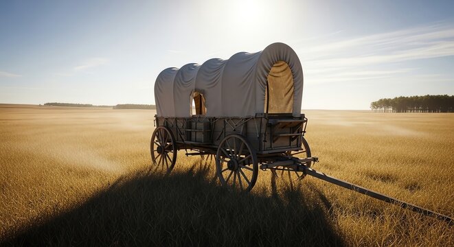 Covered wagon in prairie landscape
