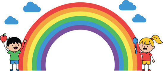 Cheerful cartoon children with rainbow, apple, spoon, clouds, colorful vector illustration for education, nutrition, happiness, friendship, playful learning design projects