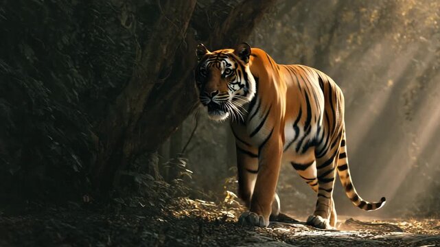 Majestic bengal tiger prowling through dense jungle with cinematic sunbeams
