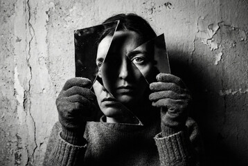 A person holds shattered mirror shards, revealing a fragmented reflection of their face. Surreal, monochrome portrait on a grunge background.
