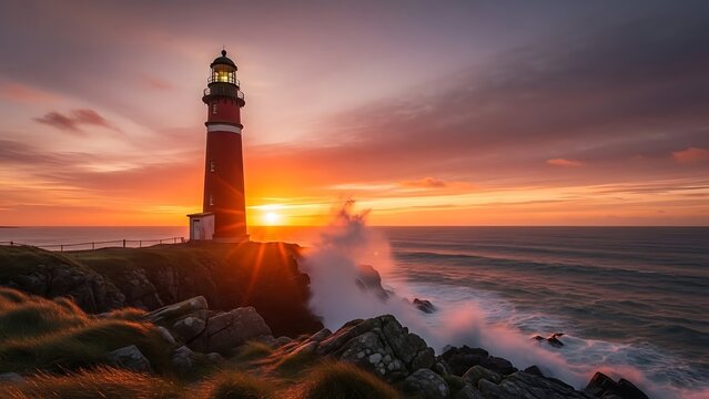 Spectacular lighthouse silhouetted against vibrant sunset waves